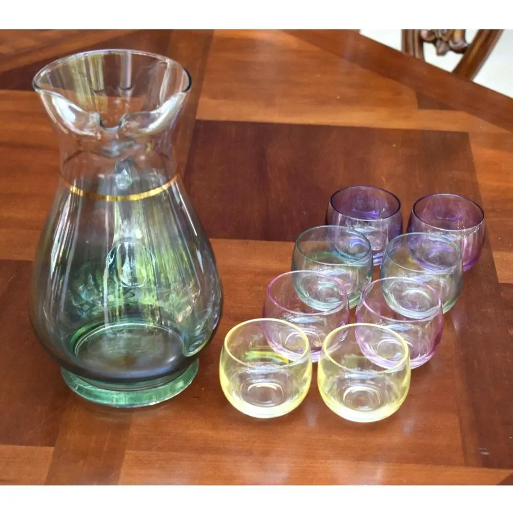 Vintage Gold Strip Glass Pitcher and Set of 8 Roly Poly Cocktail Glasses